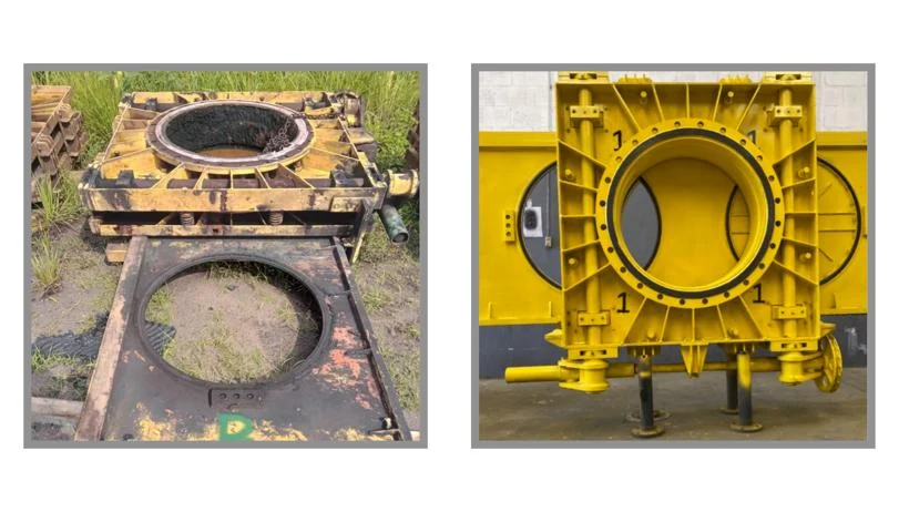 Antes e depois · Válvula de gás de alto forno 32″