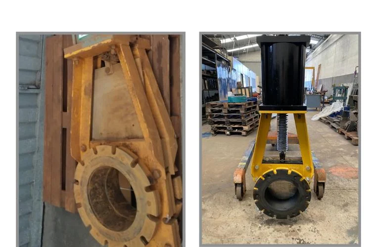 Antes e depois da recuperação de Válvula guilhotina DN 400 (comparativo 1)