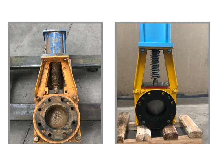 Antes e depois · Válvula guilhotina flangeada