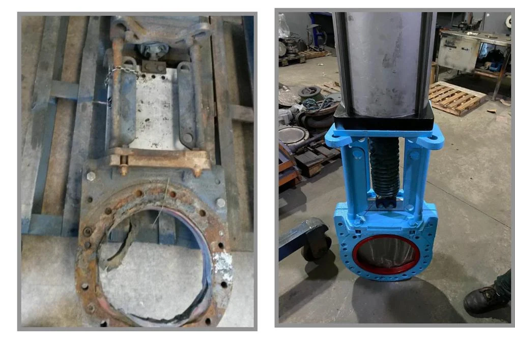 Antes e depois da recuperação de Válvula guilhotina SHU 14″ (comparativo 1)